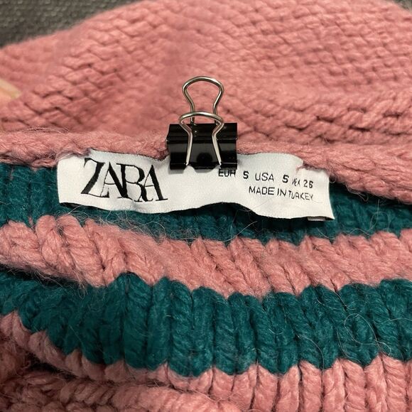 ZARA Striped Cable Knit Sweater Cropped Pink Teal Soft Women's Small S Retro - Picture 7 of 9